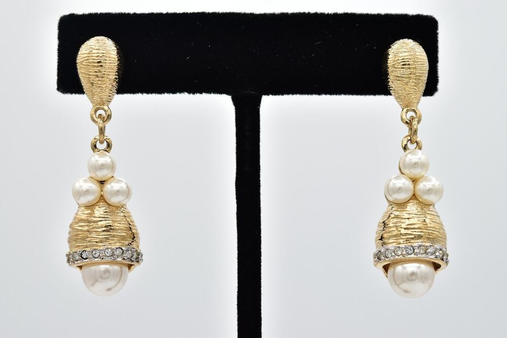Vintage NOS Gold Pearl Rhinestone Crystal Bell Drop Earrings Custer 1980s NS12